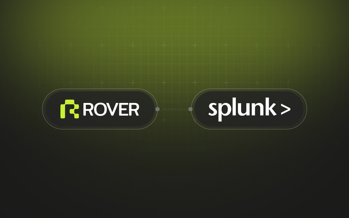 Rover and Splunk logos connected by a dotted line on a dark background with a green glow.